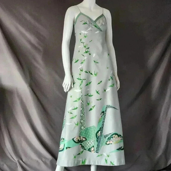 VINTAGE 1970s Crane Print Maxi Sun Dress S - Picture 3 of 12